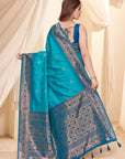 Cyan Blue Soft Silk Floral Border Contrast Zari Woven Saree