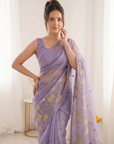 Lavender Pure Oris Silk Saree with Embroidered Lotus Buttis & Applique Border