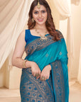 Cyan Blue Soft Silk Floral Border Contrast Zari Woven Saree