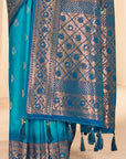 Cyan Blue Soft Silk Floral Border Contrast Zari Woven Saree