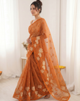 Orange Pure Oris Silk Saree with Embroidered Lotus Buttis & Applique Border