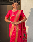 Pink Wedding Special Nauvari Paithani Soft Silk Saree with Zari Woven Polka Motifs and Peacock Pallu