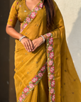 Mustard Pure Crush Embroidered Saree with Multicolor Floral Motifs and Cutwork Border