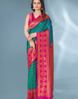 Green with Pink Polka Paithani Silk Contrast Zari Woven Saree with Unstitched Blouse