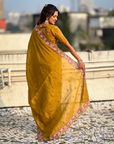Mustard Pure Crush Embroidered Saree with Multicolor Floral Motifs and Cutwork Border