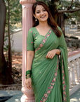 Pista Green Pure Crush Embroidered Saree with Multicolor Floral Motifs and Cutwork Border