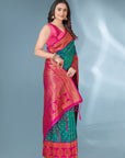 Green with Pink Polka Paithani Silk Contrast Zari Woven Saree with Unstitched Blouse