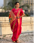 Pink Wedding Special Nauvari Paithani Soft Silk Saree with Zari Woven Polka Motifs and Peacock Pallu