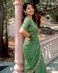 Pista Green Pure Crush Embroidered Saree with Multicolor Floral Motifs and Cutwork Border