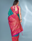 Green with Pink Polka Paithani Silk Contrast Zari Woven Saree with Unstitched Blouse