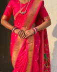 Pink Wedding Special Nauvari Paithani Soft Silk Saree with Zari Woven Polka Motifs and Peacock Pallu