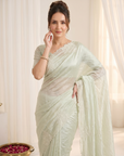 Pista Pure Raspberry Crush Silk Saree with Lucknowi Embroidery
