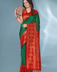 Green with Red Polka Paithani Silk Contrast Zari Woven Saree with Unstitched Blouse