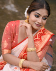White Red Soft Silk Saree with Flower Butti Durga Pooja Zari Woven Saree