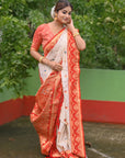 White Red Soft Silk Saree with Flower Butti Durga Pooja Zari Woven Saree