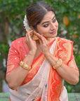White Red Soft Silk Saree with Flower Butti Durga Pooja Zari Woven Saree