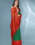 Green with Red Polka Paithani Silk Contrast Zari Woven Saree with Unstitched Blouse