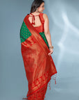 Green with Red Polka Paithani Silk Contrast Zari Woven Saree with Unstitched Blouse