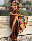 Coffee Wedding Special Nauvari Paithani Soft Silk Saree with Zari Woven Polka Motifs and Peacock Pallu