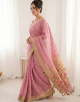 Pink Premium Soft Muga Cotton Saree with Paithani Swan Meenakari Pallu