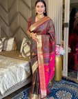 Coffee Soft Silk Ikkat Patola Saree with Meenakari Motifs Peacock Pallu and Gold Zari Border