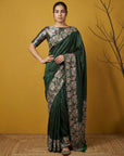 Soft Silk Printed Floral Saree with Rainbow Zari Woven Pallu and Contrast Blouse Festive Party Wear Saree