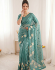 Denim Pure Oris Silk Saree with Embroidered Lotus Buttis & Applique Border