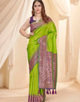 Parrot Green Soft Silk Floral Border Contrast Zari Woven Saree