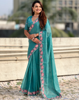 Sky Pure Crush Embroidered Saree with Multicolor Floral Motifs and Cutwork Border