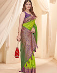 Parrot Green Soft Silk Floral Border Contrast Zari Woven Saree