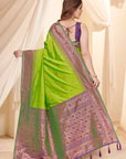 Parrot Green Soft Silk Floral Border Contrast Zari Woven Saree