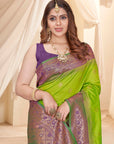 Parrot Green Soft Silk Floral Border Contrast Zari Woven Saree