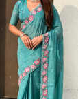 Sky Pure Crush Embroidered Saree with Multicolor Floral Motifs and Cutwork Border