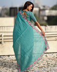 Sky Pure Crush Embroidered Saree with Multicolor Floral Motifs and Cutwork Border