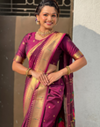 Wine Wedding Special Nauvari Paithani Soft Silk Saree with Zari Woven Polka Motifs and Peacock Pallu