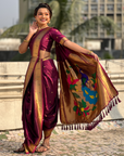 Wine Wedding Special Nauvari Paithani Soft Silk Saree with Zari Woven Polka Motifs and Peacock Pallu
