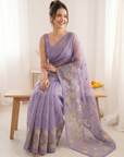 Lavender Pure Oris Silk Saree with Embroidered Lotus Buttis & Applique Border