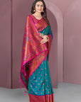 Green with Pink Original Meenakari Paithani Silk Zari Woven Saree