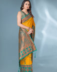 Yellow Polka Paithani Silk Contrast Zari Woven Saree with Unstitched Blouse