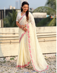 White Pure Crush Embroidered Saree with Multicolor Floral Motifs and Cutwork Border