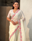 White Pure Crush Embroidered Saree with Multicolor Floral Motifs and Cutwork Border