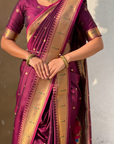 Wine Wedding Special Nauvari Paithani Soft Silk Saree with Zari Woven Polka Motifs and Peacock Pallu