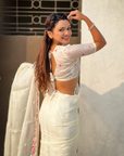 White Pure Crush Embroidered Saree with Multicolor Floral Motifs and Cutwork Border
