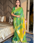 Mehendi Soft Silk Ikkat Patola Saree with Meenakari Motifs Peacock Pallu and Gold Zari Border