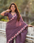 Wine Pure Crush Embroidered Saree with Multicolor Floral Motifs and Cutwork Border