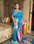 Rama Soft Silk Ikkat Patola Saree with Meenakari Motifs Peacock Pallu and Gold Zari Border