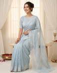 Sky Pure Raspberry Crush Silk Saree with Lucknowi Embroidery