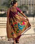 Wine Wedding Special Nauvari Paithani Soft Silk Saree with Zari Woven Polka Motifs and Peacock Pallu