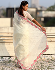 White Pure Crush Embroidered Saree with Multicolor Floral Motifs and Cutwork Border