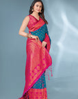 Cyan Blue Polka Paithani Silk Contrast Zari Woven Saree with Unstitched Blouse